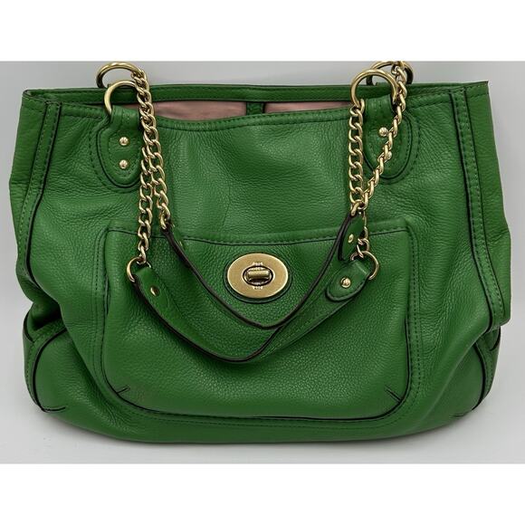 Coach POPPY Medium Tote Handbag Kelly Green Leather Gold Hardware GUC - Picture 1 of 16